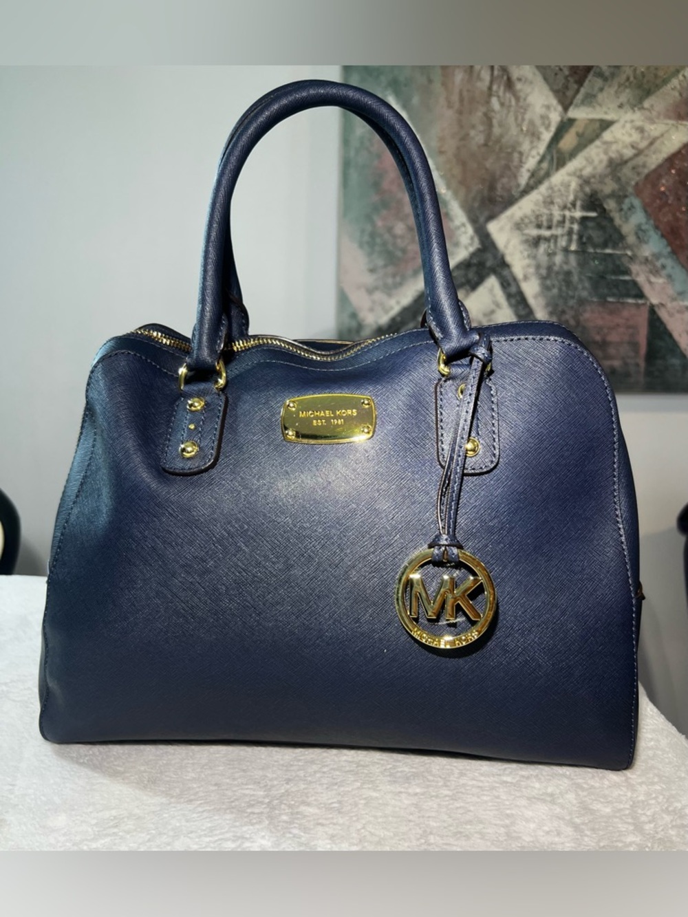 Michael Kors Navy Saffiano Satchel with Gold Hardware